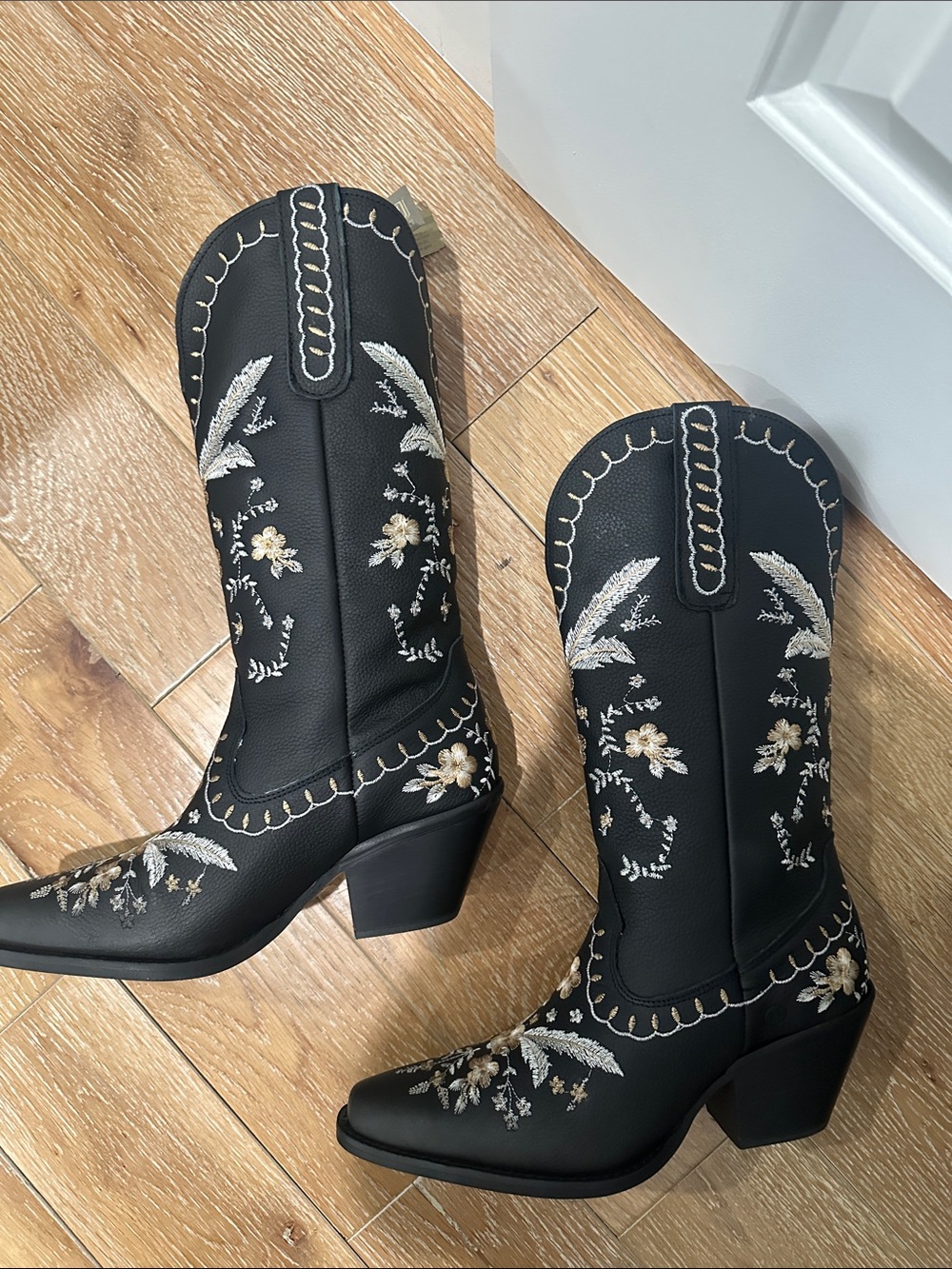 dingo Black Western Knee-High Boots with Gold and Silver Floral Embroidery - Picture 3 of 9